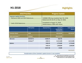 3
TSX: GCM
August 15, 2018
H1‐2018 Highlights
2018 Priorities Progress Update
Improve capital structure
• Refinance 2020 and 2024 Debentures…………………..
• Settle 2018 Debentures…………………………………………
US$98M Offering completed April 30, 2018.
Redeemed 20’s & 24’s on May 14, 2018.
Completed on August 13, 2018.
Settled balance 100% with shares.
TSX Symbol Exercise Price Issued &
Outstanding
2018‐08‐13
Fully Diluted
Shares
Common shares GCM 48,150,305 48,150,305
2024 Gold Notes (1) Unlisted $93,125,000
Warrants GCM.WT.A CA$48.75 280,795
Unlisted (2) CA$2.21 12,151,008 12,151,008
Options CA$2.55  1,774,660 1,774,660
CA$3.16 1,200,000 1,200,000
CA$27.60 47,000
63,275,973
Transformation of Gran Colombia’s capital structure is now complete!
(1) Amount shown for the Gold Notes is at Face Value.
(2) Expected to be listed on the TSX and trading under the 
symbol GCM.WT.B on or about September 4, 2018
 