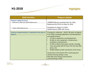4
TSX: GCM
August 15, 2018
H1‐2018 Highlights
2018 Priorities Progress Update
Improve capital structure
• Refinance 2020 and 2024 Debentures…………………..
• Settle 2018 Debentures…………………………………………
US$98M Offering completed April 30, 2018.
Redeemed 20’s & 24’s on May 14, 2018.
Completed on August 13, 2018.
Settled balance 100% with shares.
Continue implementation of optimized mine plan at 
Segovia……………………………………………………………………..
Al programs underway….US$15.7M spent at Segovia 
in H1‐2018, including exploration and development 
and capital projects:
• $7.7M on exploration and development;
• $4.9M on mine equipment, infrastructure, 
ventilation improvements;
• $2.3M on Maria Dama plant and lab, including 
costs associated with El Choco TSF and new filter 
press; and,
• $0.8M related to 44kV connection at the mines.
Construction of El Chocho TSF is continuing and 
started receiving tailings in July.
New filter press being constructed for 
commissioning in 2019.
 