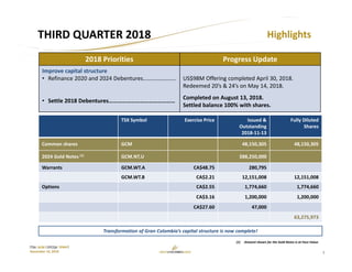 3
TSX: GCM OTCQX: TPRFF
November 14, 2018
THIRD QUARTER 2018 Highlights
2018 Priorities Progress Update
Improve capital structure
• Refinance 2020 and 2024 Debentures…………………..
• Settle 2018 Debentures………………………………………
US$98M Offering completed April 30, 2018.
Redeemed 20’s & 24’s on May 14, 2018.
Completed on August 13, 2018.
Settled balance 100% with shares.
TSX Symbol Exercise Price Issued &
Outstanding
2018‐11‐13
Fully Diluted
Shares
Common shares GCM 48,150,305 48,150,305
2024 Gold Notes (1) GCM.NT.U $88,250,000
Warrants GCM.WT.A CA$48.75 280,795
GCM.WT.B CA$2.21 12,151,008 12,151,008
Options CA$2.55  1,774,660 1,774,660
CA$3.16 1,200,000 1,200,000
CA$27.60 47,000
63,275,973
Transformation of Gran Colombia’s capital structure is now complete!
(1) Amount shown for the Gold Notes is at Face Value.
 