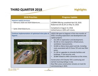 5
TSX: GCM OTCQX: TPRFF
November 14, 2018
Highlights
2018 Priorities Progress Update
Improve capital structure
• Refinance 2020 and 2024 Debentures…………………..
• Settle 2018 Debentures…………………………………………
US$98M Offering completed April 30, 2018.
Redeemed 20’s & 24’s on May 14, 2018.
Completed on August 13, 2018.
Settled balance 100% with shares.
Continue implementation of optimized mine plan at 
Segovia……………………………………………………………………..
US$23.1M spent at Segovia in first nine months of 
2018, including exploration and development and 
capital projects:
• $11.5M on exploration and development;
• $6.1M on mine equipment, infrastructure, 
ventilation improvements;
• $3.6M on Maria Dama plant and lab, including 
costs associated with El Choco TSF and new filter 
press; 
• $1.1M on upgrades to minesite facilities and 
buildings, IT and security; and,
• $0.8M related to 44kV connection at the mines.
Construction of El Chocho TSF is continuing and 
started receiving tailings in July.
New filter press construction remains on track for 
commissioning in 2019.
THIRD QUARTER 2018
Fans at Providencia Mine ventilation shaft
 