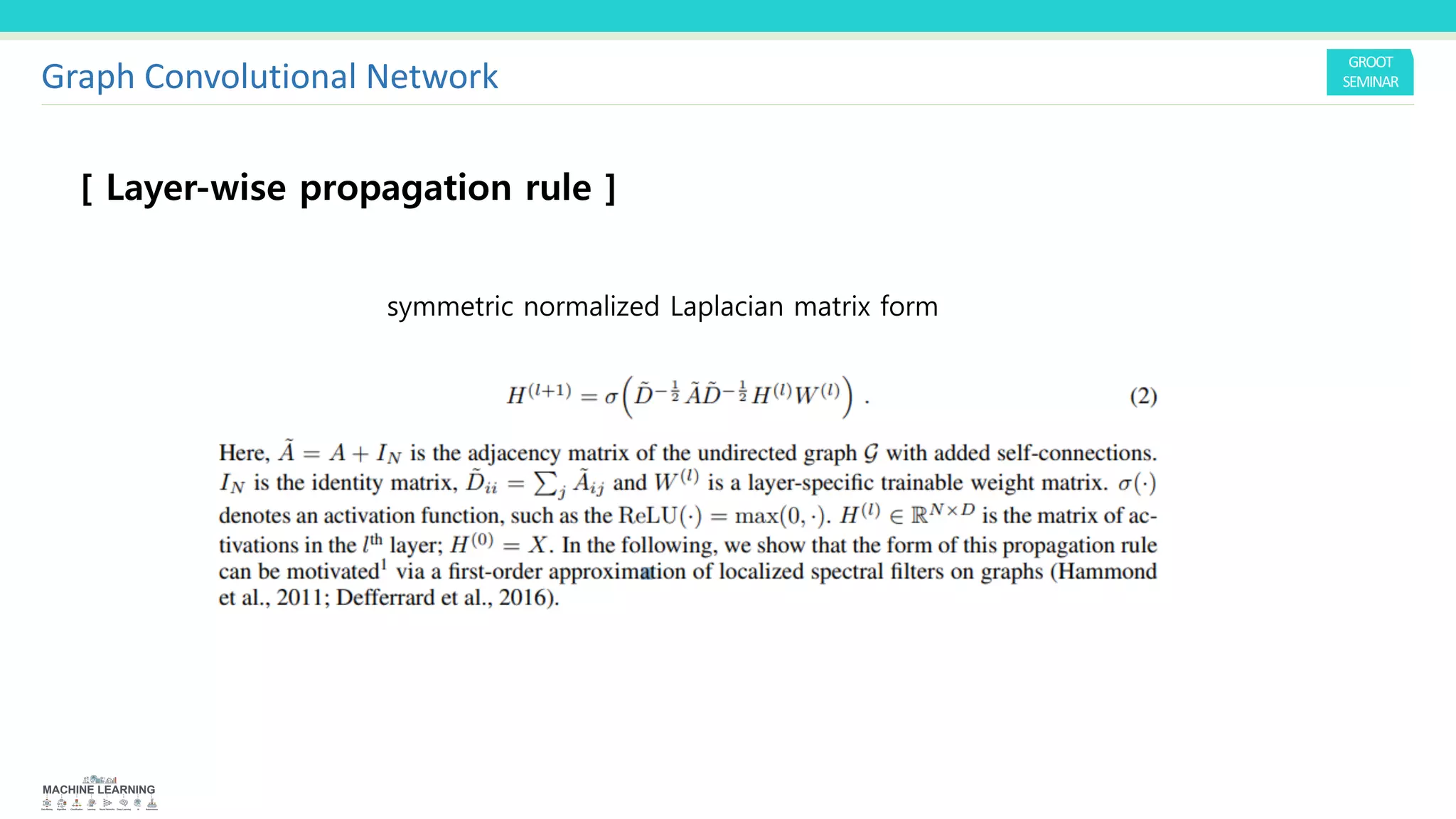 [ Layer-wise propagation rule ]
Graph Convolutional Network
symmetric normalized Laplacian matrix form
 