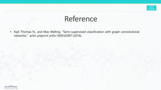 • Kipf, Thomas N., and Max Welling. "Semi-supervised classification with graph convolutional
networks." arXiv preprint arXiv:1609.02907 (2016).