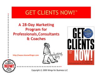 GET CLIENTS NOW! ™ Copyright  © 2009 Wings for Business LLC A 28-Day Marketing Program for Professionals,Consultants & Coaches http://www.stevewillinger.com 