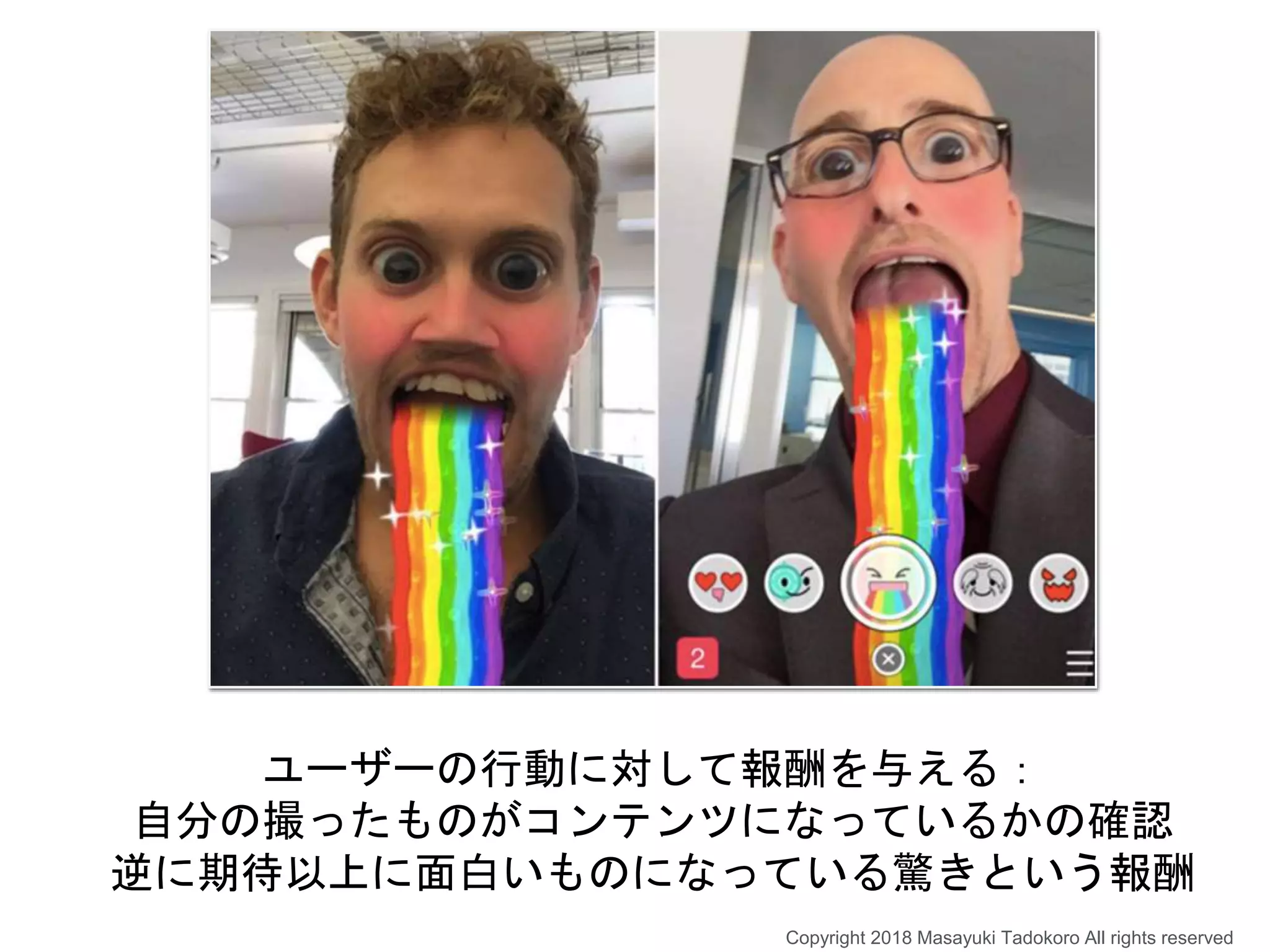 ユーザーの行動に対して報酬を与える：
自分の撮ったものがコンテンツになっているかの確認
逆に期待以上に面白いものになっている驚きという報酬
Copyright 2018 Masayuki Tadokoro All rights reserved
 