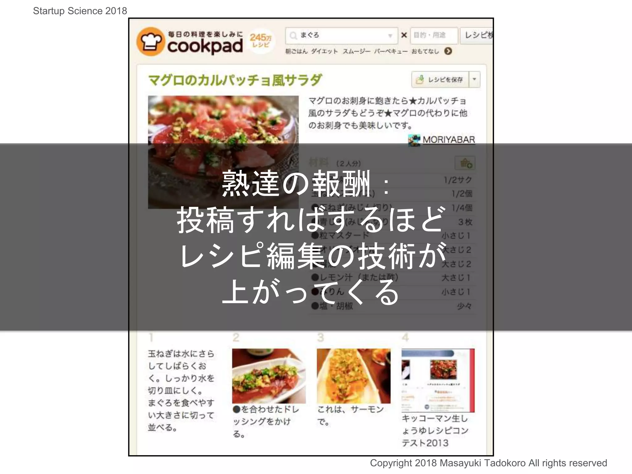 熟達の報酬：
投稿すればするほど
レシピ編集の技術が
上がってくる
Copyright 2018 Masayuki Tadokoro All rights reserved
Startup Science 2018
 