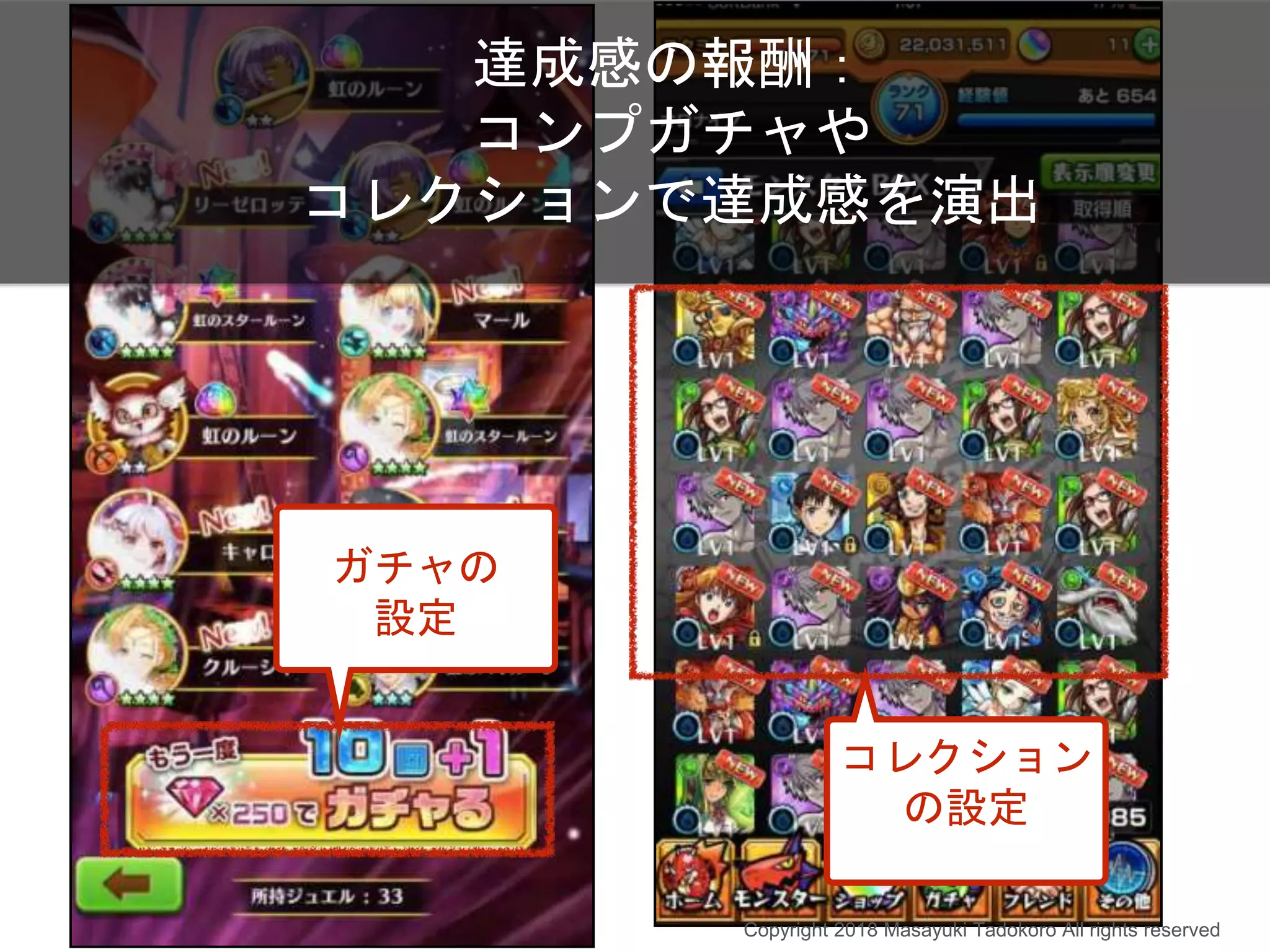 達成感の報酬：
コンプガチャや
コレクションで達成感を演出
ガチャの
設定
コレクション
の設定
Copyright 2018 Masayuki Tadokoro All rights reserved
 