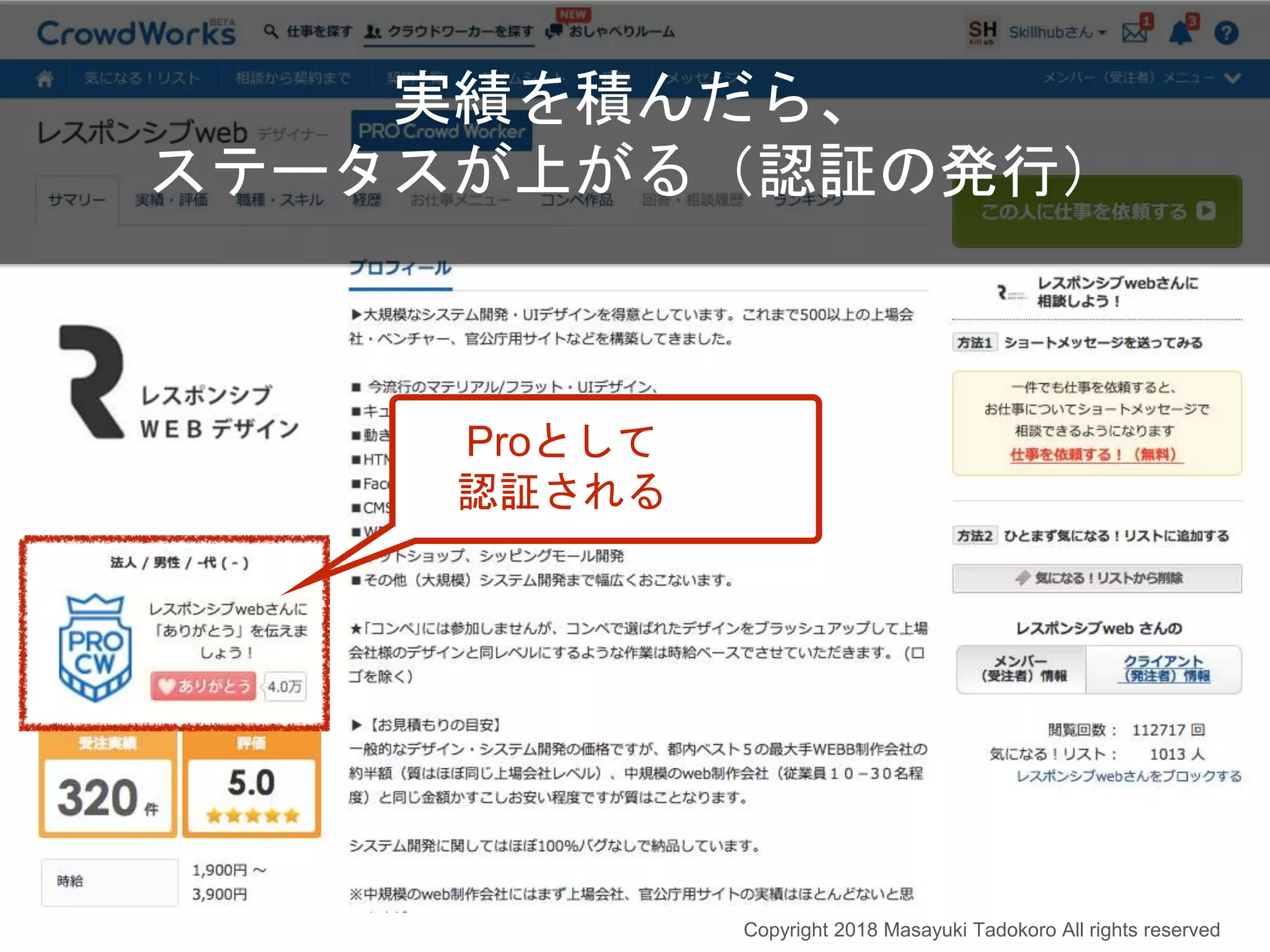 実績を積んだら、
ステータスが上がる（認証の発行）
Proとして
認証される
Copyright 2018 Masayuki Tadokoro All rights reserved
 