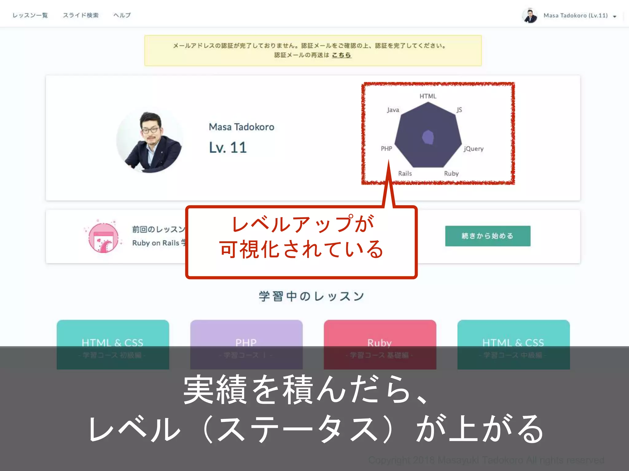 実績を積んだら、
レベル（ステータス）が上がる
レベルアップが
可視化されている
Copyright 2018 Masayuki Tadokoro All rights reserved
 