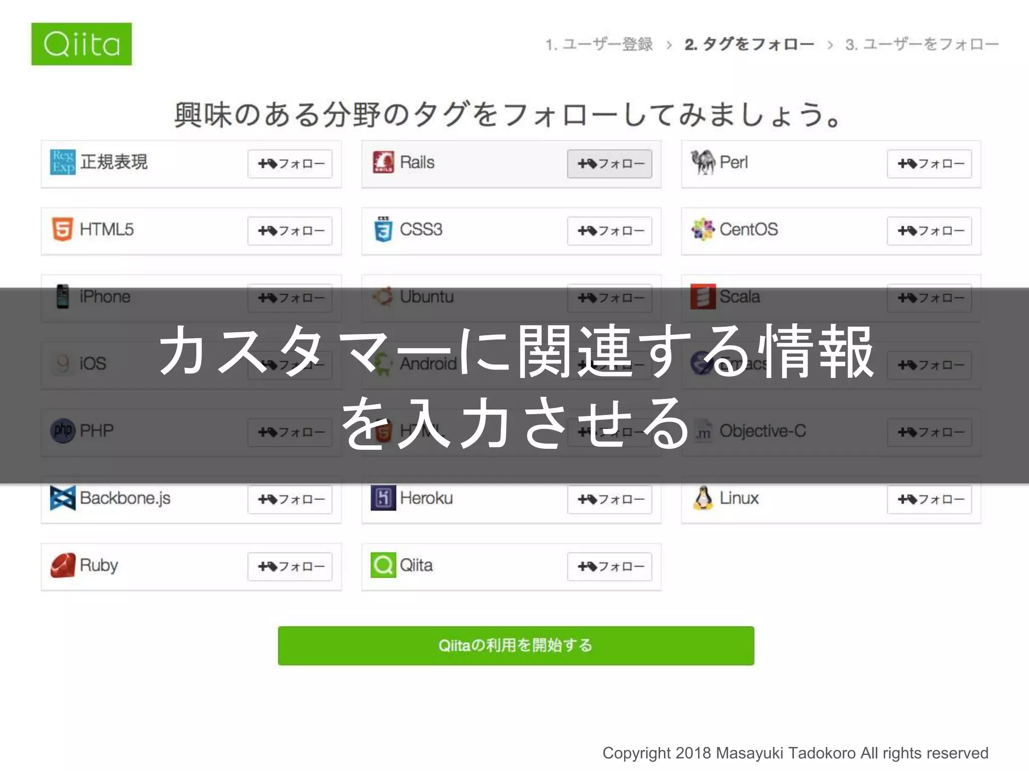 カスタマーに関連する情報
を入力させる
Copyright 2018 Masayuki Tadokoro All rights reserved
 