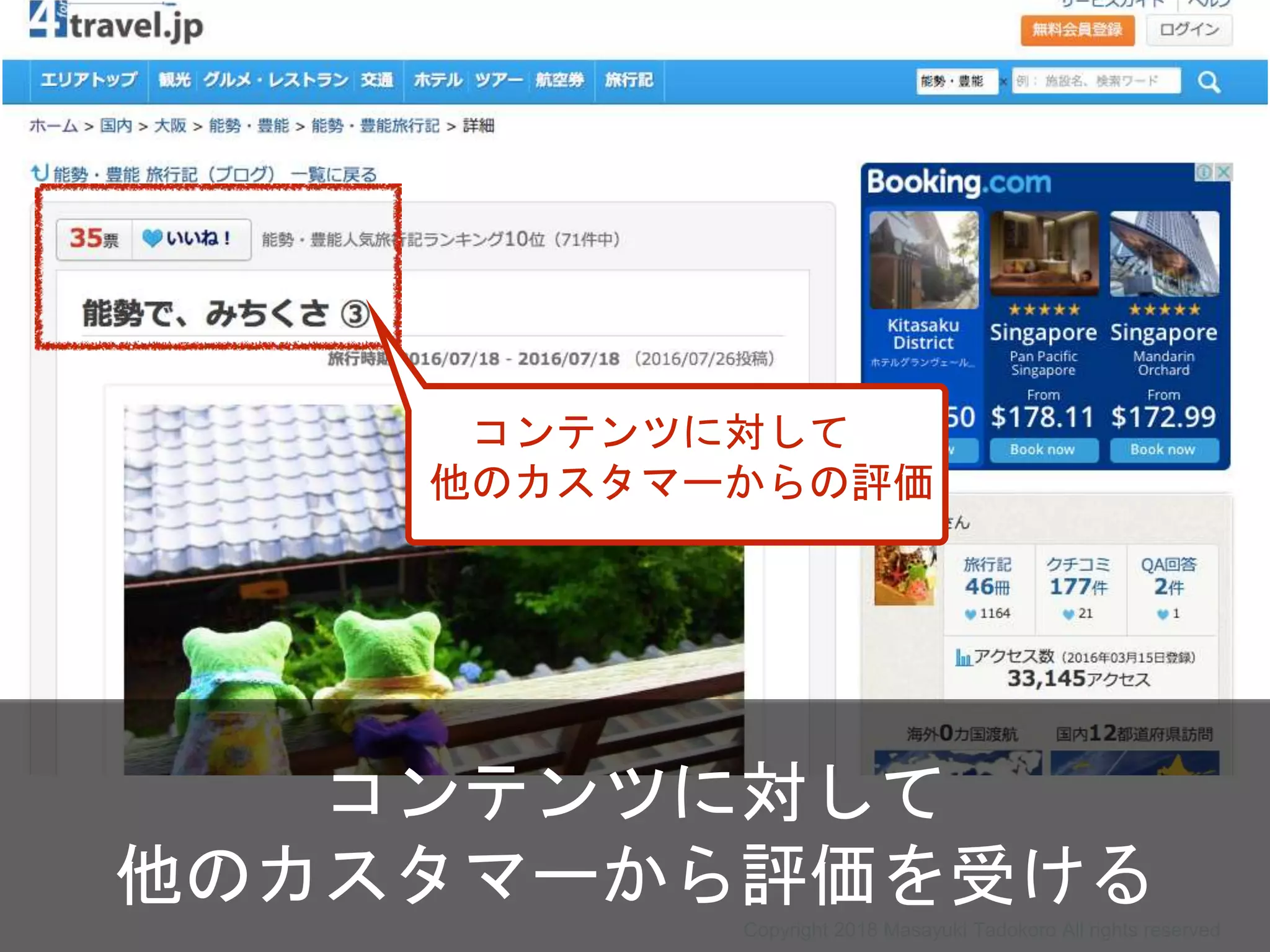 コンテンツに対して
他のカスタマーからの評価
コンテンツに対して
他のカスタマーから評価を受ける
Copyright 2018 Masayuki Tadokoro All rights reserved
 
