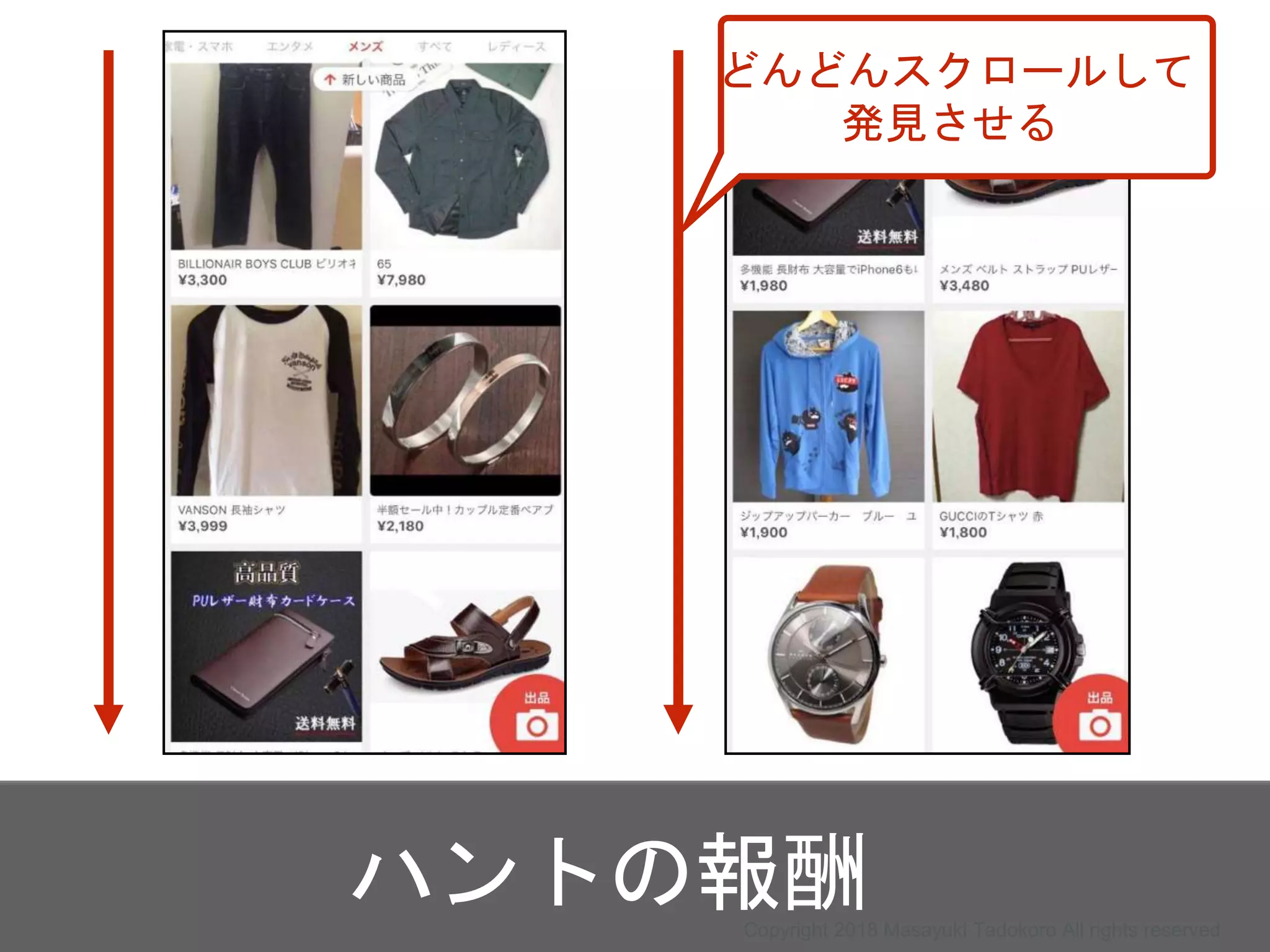 ハントの報酬
どんどんスクロールして
発見させる
Copyright 2018 Masayuki Tadokoro All rights reserved
 