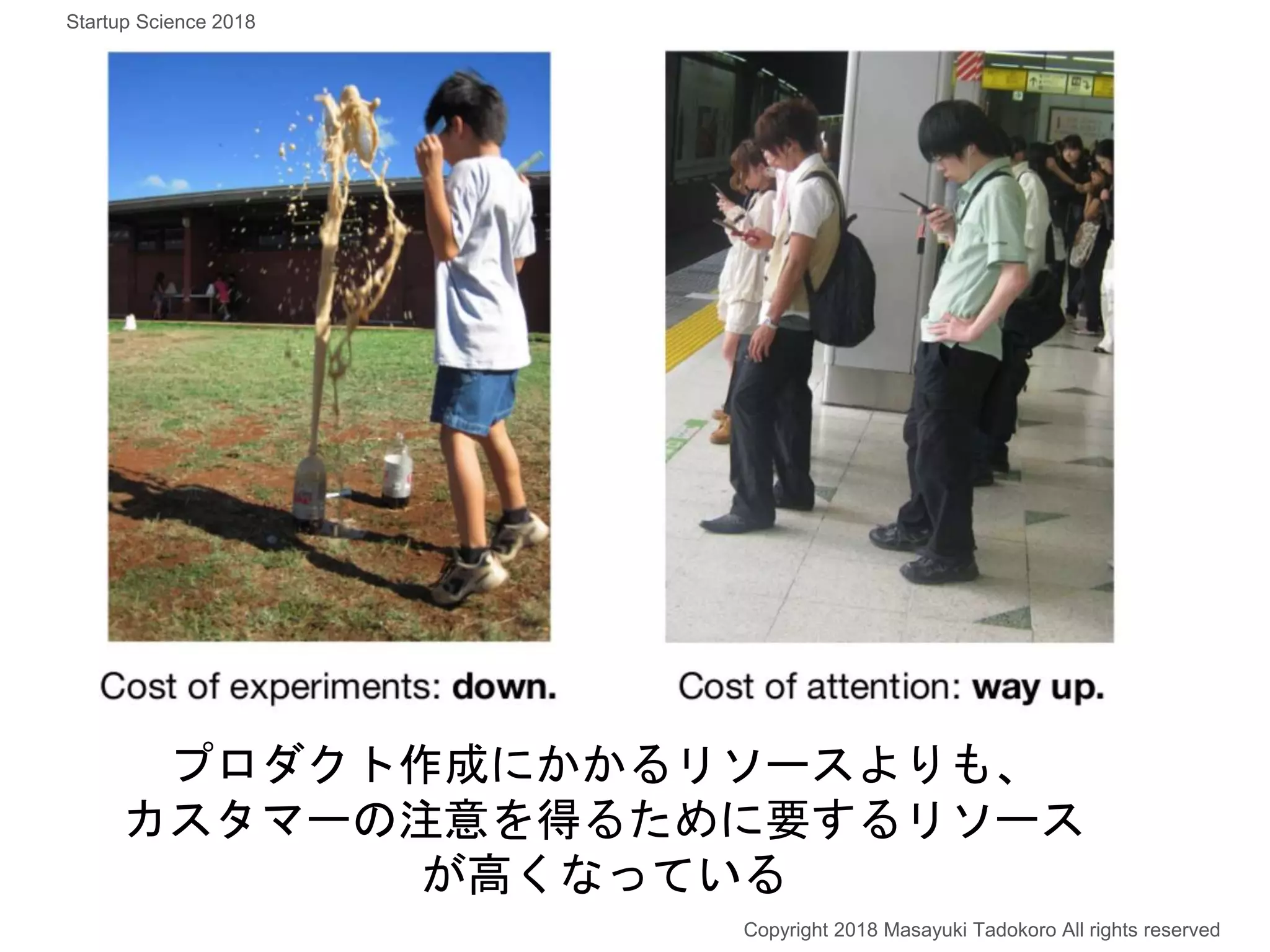 プロダクト作成にかかるリソースよりも、
カスタマーの注意を得るために要するリソース
が高くなっている
Copyright 2018 Masayuki Tadokoro All rights reserved
Startup Science 2018
 