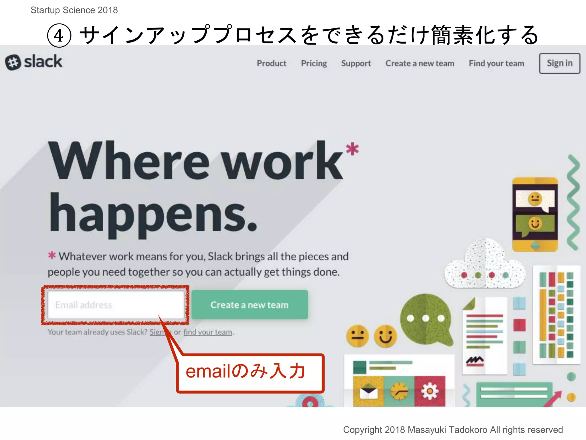④ サインアッププロセスをできるだけ簡素化する
emailのみ入力
Copyright 2018 Masayuki Tadokoro All rights reserved
Startup Science 2018
 