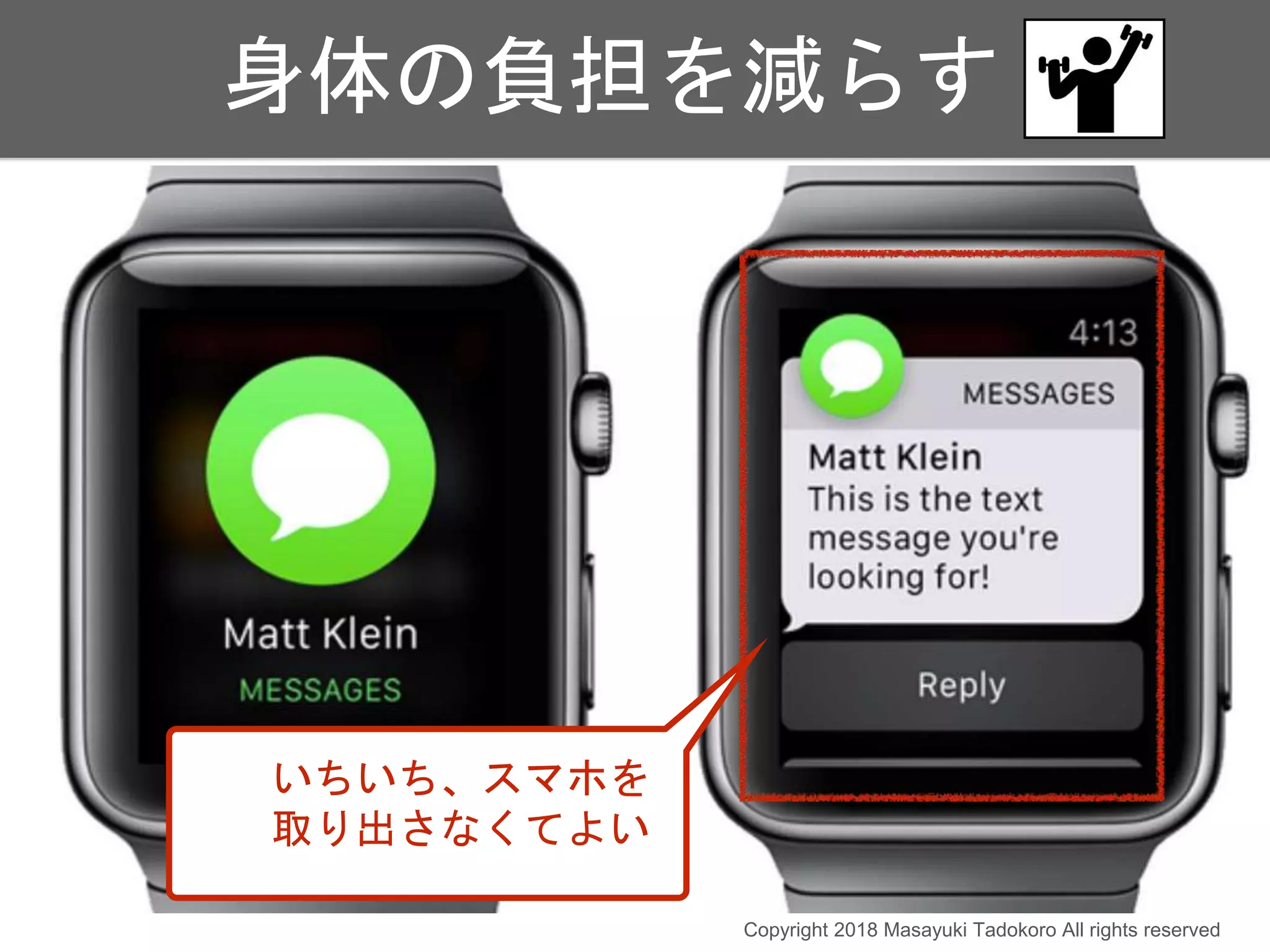 身体の負担を減らす
いちいち、スマホを
取り出さなくてよい
Copyright 2018 Masayuki Tadokoro All rights reserved
 