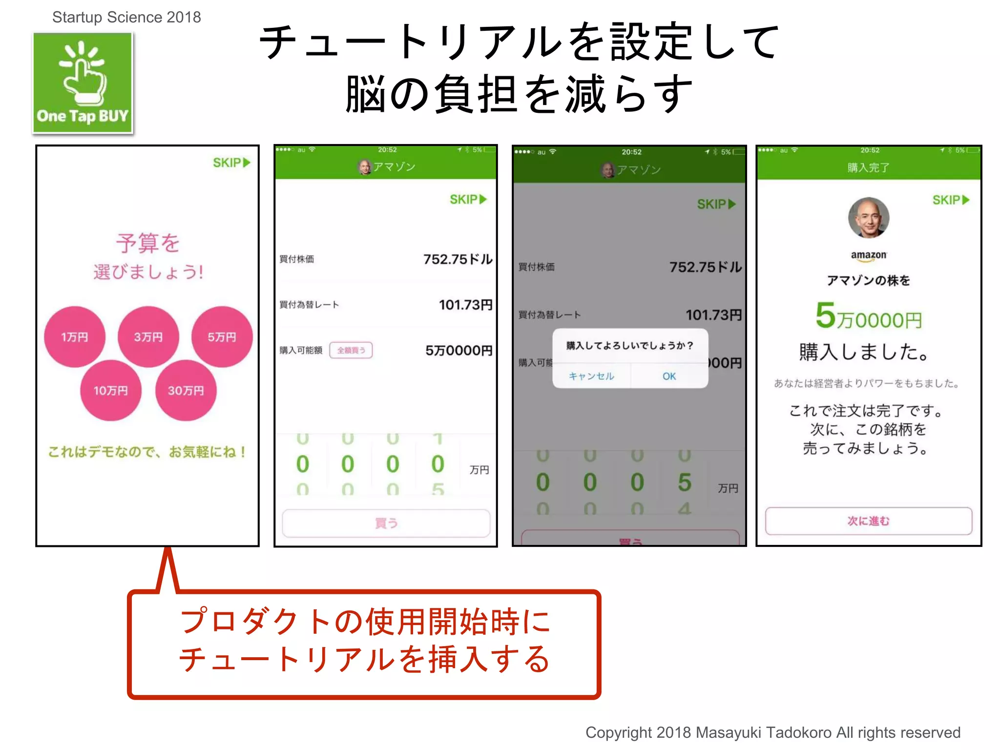 プロダクトの使用開始時に
チュートリアルを挿入する
Copyright 2018 Masayuki Tadokoro All rights reserved
Startup Science 2018
チュートリアルを設定して
脳の負担を減らす
 