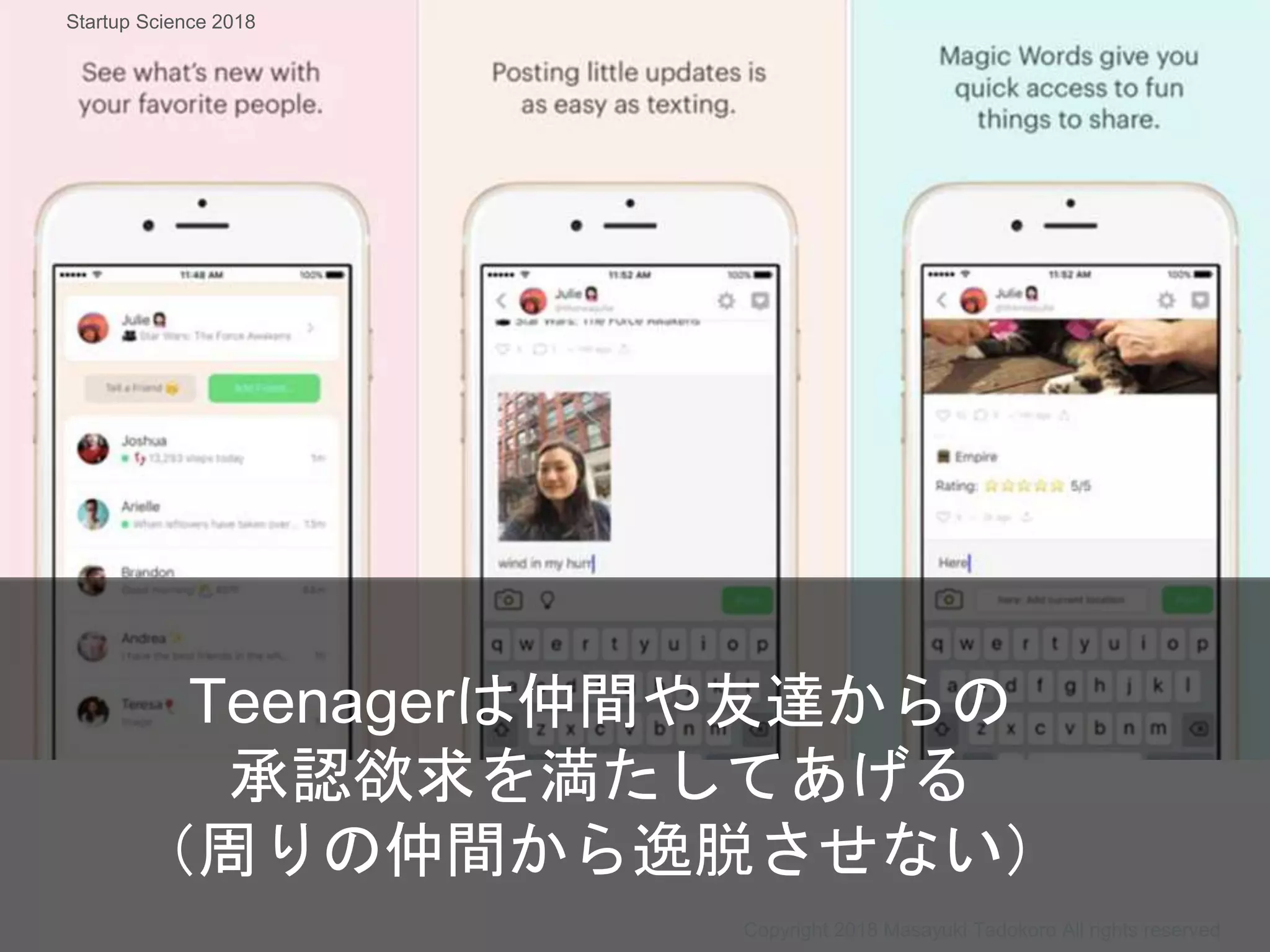 Teenagerは仲間や友達からの
承認欲求を満たしてあげる
（周りの仲間から逸脱させない）
Copyright 2018 Masayuki Tadokoro All rights reserved
Startup Science 2018
 