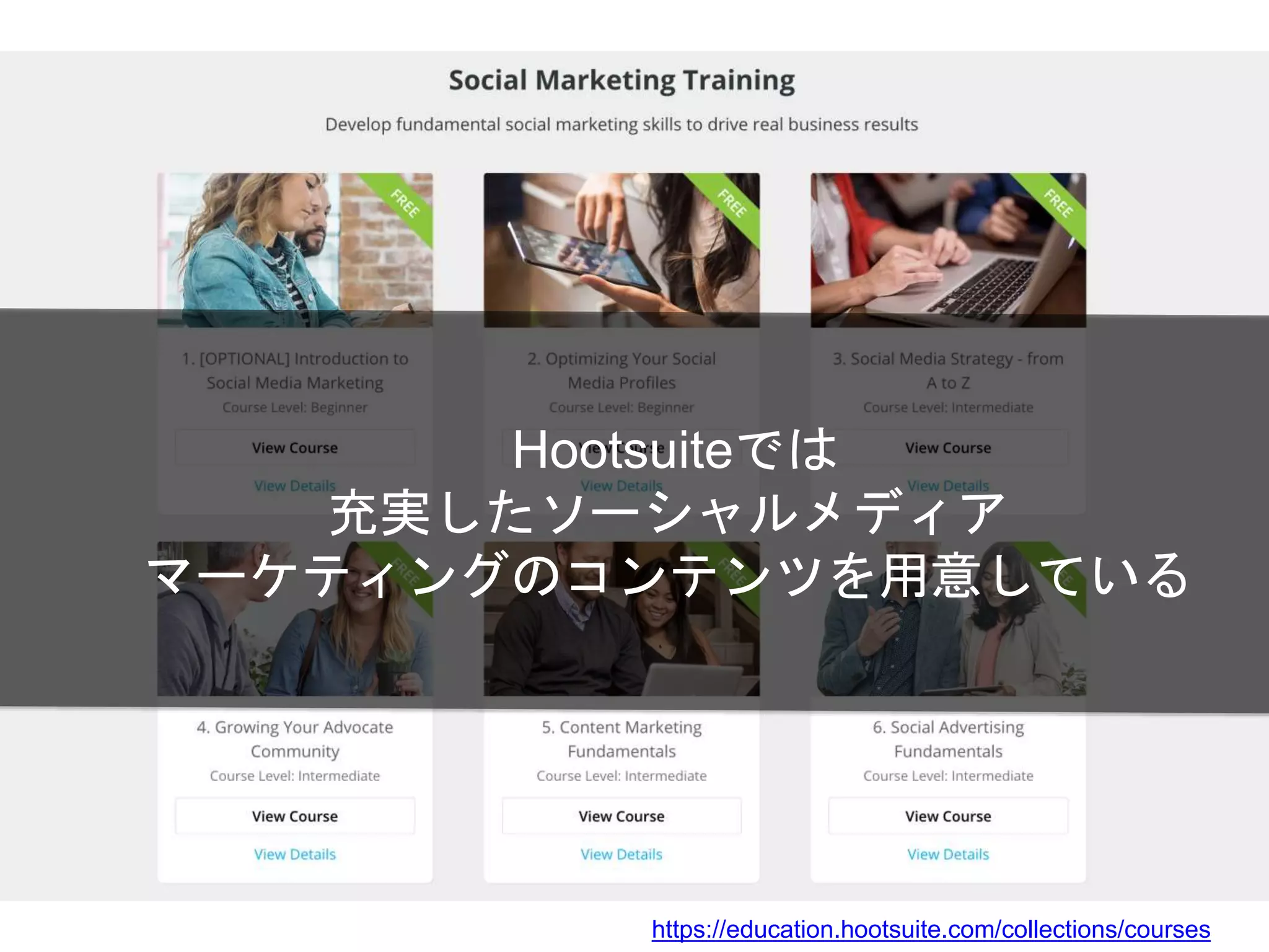 https://education.hootsuite.com/collections/courses
Hootsuiteでは
充実したソーシャルメディア
マーケティングのコンテンツを用意している
 