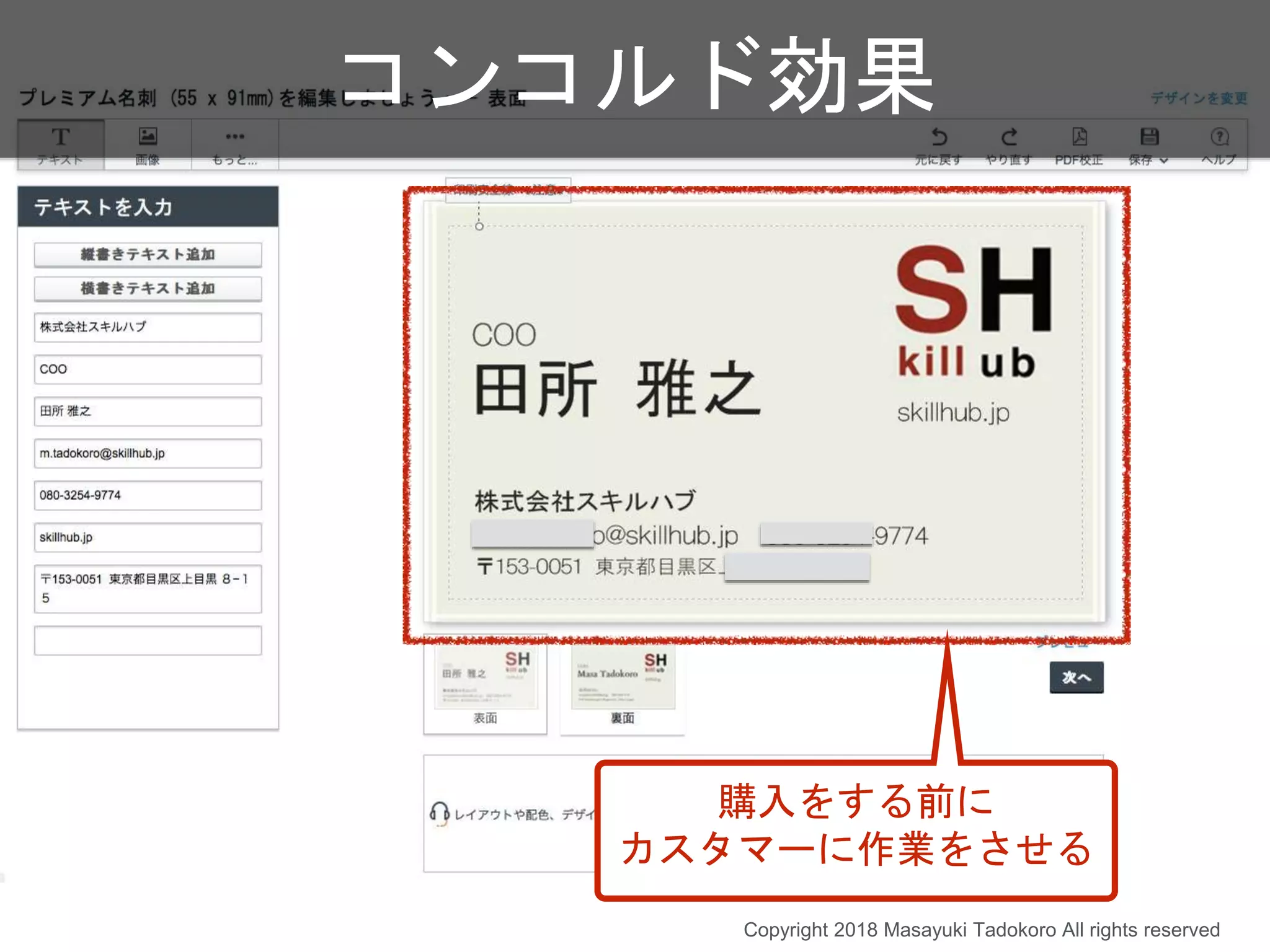 購入をする前に
カスタマーに作業をさせる
コンコルド効果
Copyright 2018 Masayuki Tadokoro All rights reserved
 