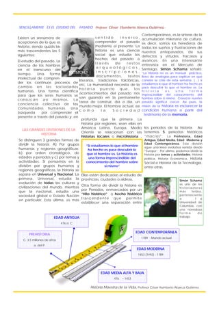 SENCILLAMENTE ES EL ESTUDIO DEL PASADO Profesor César Humberto Abarca Gutiérrez.-
Existen un sinnúmero de
acepciones de lo que es
historia, siendo quizás las
más trascendentes las 5
siguientes;
El estudio del pasado, La
ciencia de los hombres
en el transcurso del
tiempo. Una forma
intelectual de compren-
der los continuos procesos de
cambio en las sociedades
humanas. Una forma científica
para que los seres humanos se
conozcan así mismos. La
conciencia colectiva de las
comunidades humanas. Una
búsqueda por comprender el
presente a través del pasado y, en
s e n t i d o i n v e r s o ,
comprender el pasado
mediante el presente. La
historia es una ciencia
social que estudia los
hechos del pasado a
t r a v é s d e r e s t o s
a r q u e o l ó g i c o s ,
i n s c r i p c i o n e s ,
documentos, textos
literarios, tradiciones folclóricas,
etc. La Humanidad necesita de la
h i s t o r i a p u e s t o q u e , l o s
acontecimientos del pasado nos
van guiando en la permanente
tarea de construir, día a día, un
mundo mejor. El hombre actual, así
c o m o l a S o c i e d a d
Contemporánea, es la síntesis de la
acumulación milenaria de cultura,
es decir, somos los herederos de
todos los sueños y frustraciones de
nuestros antepasados, de sus
defectos y virtudes, fracasos y
avances. En una interesante
entrevista en el Mercurio de
Santiago, Simón Schama señaló;
“La Historia no es un manual práctico,
lleno de analogías para explicar en qué
consiste la crisis de esta semana. (…) si
estudiamos lo que el hombre ha hecho es
para descubrir lo que el hombre es. La
h i s t o r i a e s u n a f o r m a
imprescindible del conocimiento del
hombre sobre sí mismo. Conocer nuestro
pasado significa crecer. Así pues, la
misión de la historia es esclarecer la
condición humana a partir del
testimonio de la memoria.
profunda que la primera. La
historia por regiones, sean ellas en
América Latina, Europa, Medio
Oriente se relacionan con las
historias locales o microhistoria .
Ellas están dedicadas al estudio de
provincias, ciudades o aldeas.
Otra forma de dividir la historia es
por Períodos, enmarcados por un
“Hito histórico” o hecho histórico
trascendente que permite
establecer una separación entre
los períodos de la historia. Así
tenemos 5 períodos históricos
“macros”; La Prehistoria, Edad
Antigua, Edad Media, Edad Moderna y
Edad Contemporánea. Esta división
sigue una línea evolutiva venida desde
“Europa”. Por último, podemos dividir la
historia por temas y actividades; Historia
política, Historia Económica, Historia
Social e Historia de la Tecnología,
entre otras.
LAS GRANDES DIVISIONES DE LA
HISTORIA
Se distinguen 3 grandes formas de
dividir la historia; A) Por grupos
humanos y regiones geográficas;
b) por orden cronológico, de
edades y períodos y c) por temas y
actividades. Si pensamos en la
división por grupos humanos y
regiones geográficas, la historia se
separa en Universal y Nacional. La
primera, Universal, estudia la
evolución de todas las culturas y
civilizaciones del mundo, mientras
que la nacional, estudia una
sociedad global o Estado Nación
en particular. Esta última, es más
“Si estudiamos lo que el hombre
ha hecho es para descubrir lo
que el hombre es. La historia es
una forma imprescindible del
conocimiento del hombre sobre
sí mismo”
NIETSZCHET
Simón Schama
es uno de los
historiadores
más leídos,
perteneciente
a l a
Universidad de
Columbia, con
una novedosa
f o r m a d e
trabajo.
PREHISTORIA
C. 3.5 millones de años
a. del P.
EDAD ANTIGUA
476 d. C
EDAD MEDIA ALTA Y BAJA
476 – 1453
EDAD MODERNA
1453 (1492) - 1789
EDAD CONTEMPORÁNEA
1789 - Mundo actual
Historia Maestra de la Vida, Profesor César Humberto Abarca Gutiérrez
 