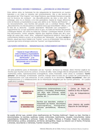 “ Quizás la mayor diferencia
entre la historia y el periodismo
es que este último es la “Historia
del Presente” , y no
necesariamente, esos hechos
del pasado van a constituir
historia“
Historia Maestra de la Vida, Profesor César Humberto Abarca Gutiérrez
PERIODISMO, HISTORIA Y FARÁNDULA … ¿HISTORIA DE LA VIDA PRIVADA?
Estos últimos años, la farándula ha ido adquiriendo la importancia en nuestra
televisión y en toda la industria del entretenimiento. Día a día leemos las
discusiones del “Che Copete” con Jorge Pedreros, que Amalia Granata se quedó
con la licencia de conducir , las descalificaciones de éste y éste otro. Sin
embargo, esto no es historia, a lo más periodismo. Quizás la mayor diferencia
entre la historia y el periodismo es que este último es la “Historia del Presente” , y
no necesariamente, esos hechos del pasado van a constituir historia. Miren;
¿Recordaremos la crisis de pánico e evidente stress que tenía Marlen Olivarí — en
la foto de tu derecha- cuando abandonó “Morandé con compañía”? ….
seguramente no. Lo que queremos decir es que, no todos los hechos del pasado
constituyen historia, así como no todas las “fuentes” constituyen historia. A veces
hay documentos, cartas, papeles, objetos que dejamos tirados por allí y que,
luego de varios días, mese, años, adquieren importancia histórica. Para que el
conocimiento histórico ocurra, se necesitará del “Historiador”, de quien recrea la
historia, aquel que hace hablar a la “Fuente” y ese es el historiador. Esto nos lleva
a pensar que tanto el tiempo como las “fuentes” son importantísimas.
LAS FUENTES HISTÓRICAS … MANANTIALES DEL CONOCIMIENTO HISTÓRICO
Un serio problema para el historiador son las “fuentes”. Al hacer su trabajo, debe intentar explicar los
hechos que muchas veces no conoce, a través de ellas. Todo vestigio directo del pasado (textos escritos,
testimonios orales, representaciones iconográficas, restos materiales, entre otros) se considera “fuente
primaria”. Sin embargo, el historiador, además, trabaja sobre la base de un cuerpo de conocimientos e
interpretaciones con cual interactúa. A este conjunto se le denomina “fuentes secundarias”. Ellas son
interpretaciones y o reelaboraciones de la información otorgada por las fuentes primarias. Un cuadro
explicativo considera;
SEGÚN
SU
ORIGEN
TIPO
PRIMARIAS O
DIRECTAS
SECUNDARIAS
O INDIRECTAS
DESCRIPCIÓN EJEMPLOS
Testimonios contemporáneos a los
hechos y vinculados, directamente,
con ellos, sean Crónicas, cartas,
fotografías, documentación oficial,
prensa, etc. ).
Escritos que describen, analizan o
interpretan los hechos, documentos
historiográficos, monografías,
artículos periodísticos, literatura,
etc.).
- Cartas de Pedro de
Valdivia al Rey de España
- Acta de Independencia
de Chile
Libro Historia del pueblo
Mapuche de José Bengoa
Se puede afirmar que, existen otras clasificaciones de “Fuentes históricas”. Según su tipo; Escritas o
documentadas, no escritas, auditivas, orales, entrevistas, testimonios, visuales, monumentos, restos
arqueológicos, fotografías y pinturas. Según su origen; Públicas y Privadas. Según su naturaleza;
administrativa, jurídica, eclesiástica, territorial, demográfica. Según su relación con el hecho; Primarias
o directas, secundarias o indirectas, Fuentes visuales y virtuales.
 