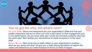 7
You’ve got the why, but what’s next?
It’s your DNA: Values and behaviours are your organisation’s DNA and how your
peopl...