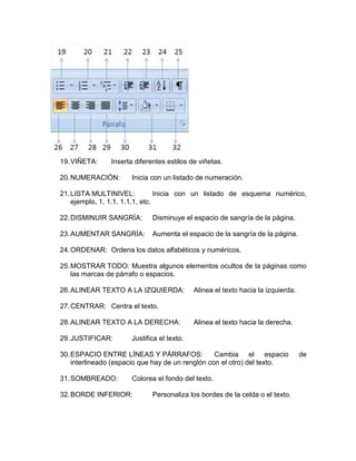 19.VIÑETA: Inserta diferentes estilos de viñetas.
20.NUMERACIÓN: Inicia con un listado de numeración.
21.LISTA MULTINIVEL: Inicia con un listado de esquema numérico,
ejemplo, 1, 1.1, 1.1.1, etc.
22.DISMINUIR SANGRÍA: Disminuye el espacio de sangría de la página.
23.AUMENTAR SANGRÍA: Aumenta el espacio de la sangría de la página.
24.ORDENAR: Ordena los datos alfabéticos y numéricos.
25.MOSTRAR TODO: Muestra algunos elementos ocultos de la páginas como
las marcas de párrafo o espacios.
26.ALINEAR TEXTO A LA IZQUIERDA: Alinea el texto hacia la izquierda.
27.CENTRAR: Centra el texto.
28.ALINEAR TEXTO A LA DERECHA: Alinea el texto hacia la derecha.
29.JUSTIFICAR: Justifica el texto.
30.ESPACIO ENTRE LÍNEAS Y PÁRRAFOS: Cambia el espacio de
interlineado (espacio que hay de un renglón con el otro) del texto.
31.SOMBREADO: Colorea el fondo del texto.
32.BORDE INFERIOR: Personaliza los bordes de la celda o el texto.
 