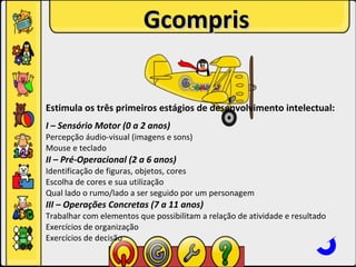 Gcompris


Estimula os três primeiros estágios de desenvolvimento intelectual:
I – Sensório Motor (0 a 2 anos)
Percepção áudio-visual (imagens e sons)
Mouse e teclado
II – Pré-Operacional (2 a 6 anos)
Identificação de figuras, objetos, cores
Escolha de cores e sua utilização
Qual lado o rumo/lado a ser seguido por um personagem
III – Operações Concretas (7 a 11 anos)
Trabalhar com elementos que possibilitam a relação de atividade e resultado
Exercícios de organização
Exercícios de decisão
 