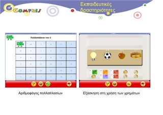 Εκπαιδευτικές
                           δραστηριότητες




Αριθμοφάγος πολλαπλασίων    Εξάσκηση στη χρήση των χρημάτων
 