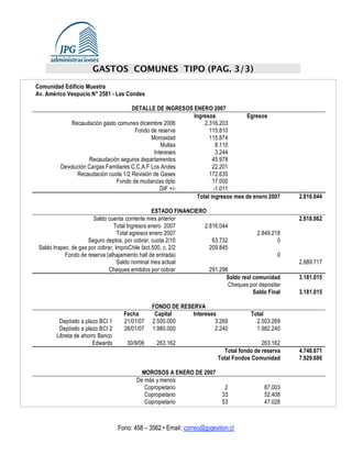 GASTOS COMUNES TIPO (PAG. 3/3)
Comunidad Edificio Muestra
Av. Américo Vespucio N° 2581 - Las Condes

                                      DETALLE DE INGRESOS ENERO 2007
                                                          Ingresos            Egresos
             Recaudación gasto comunes diciembre 2006         2.316.203
                                       Fondo de reserva         115.810
                                              Morosidad         115.874
                                                  Multas           8.110
                                               Intereses           3.244
                    Recaudación seguros departamentos             45.978
         Devolución Cargas Familiares C.C.A.F Los Andes           22.201
               Recaudación cuota 1/2 Revisión de Gases          172.635
                              Fondo de mudanzas dpto              17.000
                                                  DIF +/-         -1.011
                                                           Total ingresos mes de enero 2007          2.816.044

                                                  ESTADO FINANCIERO
                        Saldo cuenta corriente mes anterior                                          2.818.062
                                 Total Ingresos enero 2007         2.816.044
                                   Total egresos enero 2007                             2.849.218
                      Seguro deptos. por cobrar, cuota 2/10           63.732                     0
 Saldo Inspec. de gas por cobrar, ImproChile fact.500, c. 2/2        209.845
            Fondo de reserva (alhajamiento hall de entrada)                                      0
                                   Saldo nominal mes actual                                          2.889.717
                               Cheques emitidos por cobrar           291.298
                                                                           Saldo real comunidad      3.181.015
                                                                             Cheques por depositar
                                                                                      Saldo Final    3.181.015

                                               FONDO DE RESERVA
                                    Fecha       Capital     Intereses                 Total
         Depósito a plazo BCI 1     21/01/07   2.500.000             3.269              2.503.269
         Depósito a plazo BCI 2     26/01/07   1.980.000             2.240              1.982.240
        Libreta de ahorro Banco
                        Edwards      30/9/06     263.162                                 263.162
                                                                          Total fondo de reserva     4.748.671
                                                                        Total Fondos Comunidad       7.929.686

                                           MOROSOS A ENERO DE 2007
                                         De más y menos
                                            Copropietario                  2               87.003
                                            Copropietario                 33               52.408
                                            Copropietario                 53               47.028



                                  Fono: 458 – 3562 • Email: correo@jpgestion.cl
 