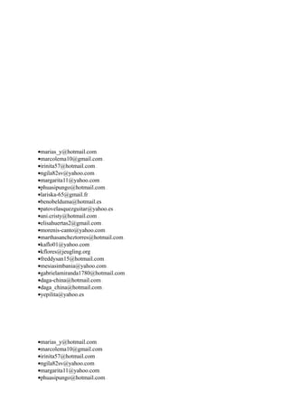 •marias_y@hotmail.com
•marcolema10@gmail.com
•irinita57@hotmail.com
•ngila82sv@yahoo.com
•margarita11@yahoo.com
•phuasipungo@hotmail.com
•lariska-65@gmail.fr
•benobelduma@hotmail.es
•patovelasquezguitar@yahoo.es
•ani.cristy@hotmail.com
•elisahuertas2@gmail.com
•morenis-canto@yahoo.com
•marthasancheztorres@hotmail.com
•kaflo01@yahoo.com
•kflores@jeugling.org
•freddysan15@hotmail.com
•mesiasimbania@yahoo.com
•gabrielamiranda1780@hotmail.com
•daga-china@hotmail.com
•daga_china@hotmail.com
•yepilita@yahoo.es




•marias_y@hotmail.com
•marcolema10@gmail.com
•irinita57@hotmail.com
•ngila82sv@yahoo.com
•margarita11@yahoo.com
•phuasipungo@hotmail.com
 