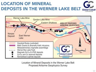 13
LOCATION OF MINERAL
DEPOSITS IN THE WERNER LAKE BELT
	
  
	
  
	
  
Granitoid Rocks (undivided)
Mafic Gneiss & ultramafic-mafic intrusions
Metasedimentary migmatite assemblage
Werner-Rex Lake Fault
Magmatic Ni-Cu-Cr-PGE deposits
Co-Cu and Co skarnoid deposits
Remobilised sulphide deposits
Werner Lake Mine
Gordon Lake Mine
Norpax
Deposit East Werner
Lake
km
40
Location of Mineral Deposits in the Werner Lake Belt
Proposed Airborne Geophysics Survey
Eastern Shallows AREA OF PROPOSED
AIRBORNE GEOPHYSICS
 