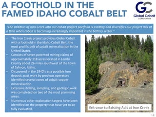 18
A FOOTHOLD IN THE
FAMED IDAHO COBALT BELT
	
  
	
  
	
  
•  The	
  Iron	
  Creek	
  project	
  provides	
  Global	
  Cobalt	
  
with	
  a	
  foothold	
  in	
  the	
  Idaho	
  Cobalt	
  Belt,	
  the	
  
most	
  proliﬁc	
  belt	
  of	
  cobalt	
  mineralisaJon	
  in	
  the	
  
United	
  States.	
  
•  Consists	
  of	
  seven	
  patented	
  mining	
  claims	
  of	
  
approximately	
  118	
  acres	
  located	
  in	
  Lemhi	
  
County	
  about	
  26	
  miles	
  southwest	
  of	
  the	
  town	
  
of	
  Salmon,	
  Idaho.	
  	
  
•  Discovered	
  in	
  the	
  1940’s	
  as	
  a	
  possible	
  iron	
  
deposit,	
  past	
  work	
  by	
  previous	
  operators	
  
idenJﬁed	
  several	
  zones	
  of	
  cobalt-­‐copper	
  
mineralisaJon.	
  	
  	
  
•  Extensive	
  drilling,	
  sampling,	
  and	
  geologic	
  work	
  
was	
  completed	
  on	
  two	
  of	
  the	
  most	
  promising	
  
areas.	
  	
  
•  Numerous	
  other	
  exploraJon	
  targets	
  have	
  been	
  
idenJﬁed	
  on	
  the	
  property	
  that	
  have	
  yet	
  to	
  be	
  
fully	
  evaluated.	
  
“The	
  addi)on	
  of	
  Iron	
  Creek	
  into	
  our	
  cobalt	
  project	
  por8olio	
  is	
  exci)ng	
  and	
  diversiﬁes	
  our	
  project	
  mix	
  at	
  
a	
  )me	
  when	
  cobalt	
  is	
  becoming	
  increasingly	
  important	
  in	
  the	
  baAery	
  sector.”	
  
Entrance	
  to	
  ExisJng	
  Adit	
  at	
  Iron	
  Creek	
  
 