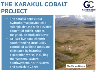 THE KARAKUL COBALT
PROJECT
EsJmated	
  values	
  given	
  43-­‐101	
  non-­‐compliant	
  	
  C1+C2	
  Soviet	
  Resource	
  in	
  addiJon	
  to	
  	
  historic	
  	
  equivalent	
  of	
  10%	
  of	
  the	
  P1	
  Soviet	
  deﬁned	
  resource.	
  	
  
•  The	
  Karakul	
  deposit	
  is	
  a	
  
hydrothermal	
  polymetallic	
  
sulphide	
  deposit	
  with	
  elevated	
  
content	
  of	
  cobalt,	
  copper,	
  
tungsten,	
  bismuth	
  and	
  silver	
  
•  At	
  least	
  ﬁve	
  parallel	
  north-­‐
south	
  trending	
  structurally	
  
controlled	
  sulphide	
  zones	
  are	
  
delineated	
  by	
  historical	
  
exploraJon	
  works,	
  including	
  
the	
  Western,	
  Eastern,	
  
Southwestern,	
  Northeastern	
  
and	
  Malachite	
  Zones	
  
25
The	
  Karakul	
  Camp	
  
 