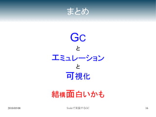 まとめ


                GC
                   と
             エミュレーション
                   と
               可視化
             結構面白いかも
2010/05/08     Scalaで実装するGC   16
 