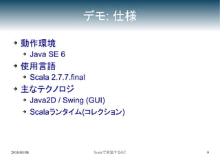 デモ: 仕様
 ➔   動作環境
      ➔      Java SE 6
 ➔   使用言語
      ➔      Scala 2.7.7.final
 ➔   主なテクノロジ
      ➔      Java2D / Swing (GUI)
      ➔      Scalaランタイム(コレクション)




2010/05/08                       Scalaで実装するGC   9
 