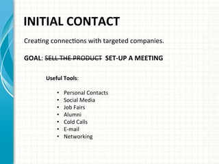  INITIAL	
  CONTACT	
  
CreaAng	
  connecAons	
  with	
  targeted	
  companies.	
  
	
  	
  
GOAL:	
  SELL	
  THE	
  PRODUCT	
  	
  SET-­‐UP	
  A	
  MEETING	
  	
  
	
  
Useful	
  Tools:	
  	
  
	
  
•  Personal	
  Contacts	
  
•  Social	
  Media	
  
•  Job	
  Fairs	
  
•  Alumni	
  	
  
•  Cold	
  Calls	
  
•  E-­‐mail	
  
•  Networking	
  	
  
	
  
 