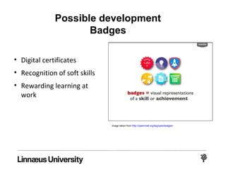 Linnaeus University Summer Academy
• Webinar to create
group identity before
physical mobility
• Next steps
- Badges for student
volunteers
- MOOC on Swedish
culture and society
Bild Linnéuniversitetet
 