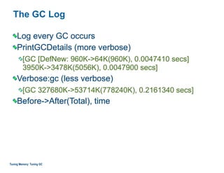 The GC Log
Log every GC occurs
PrintGCDetails (more verbose)
[GC [DefNew: 960K->64K(960K), 0.0047410 secs]  
3950K->3478K(5056K), 0.0047900 secs]
Verbose:gc (less verbose)
[GC 327680K->53714K(778240K), 0.2161340 secs]
Before->After(Total), time
Tuning Memory: Tuning GC
 