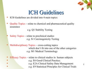 ICH Guidelines
   ICH Guidelines are divided into 4 main topics:

   Quality Topics – relate to chemical and pharmaceutical quality
    assurance
                    e.g. Q1 Stability Testing

   Safety Topics – relate to preclinical studies
                    e.g. S1 Carcinogenicity Testing

   Multidisciplinary Topics – cross-cutting topics
                      which don’t fit into one of the other categories
                    e.g. M1 Medical Terminology

   Efficacy Topics – relate to clinical studies in human subjects
                     e.g. E6 Good Clinical Practice;
                     e.g. E2A Clinical Safety Data Management:            7
                     e.g. E9 Statistical Principles for Clinical Trials
 