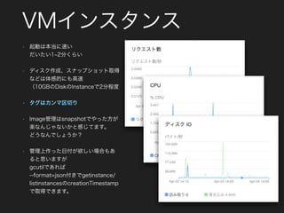 VMインスタンス
• 起動は本当に速い 
だいたい1 2分くらい
• ディスク作成、スナップショット取得
などは体感的にも高速 
（10GBのDiskのInstanceで2分程度
• タグはカンマ区切り
• Image管理はsnapshotでやった方が
楽なんじゃないかと感じてます。 
どうなんでしょうか？
• 管理上作った日付が欲しい場合もあ
ると思いますが 
gcutilであれば 
--format=json付きでgetinstance/
listinstancesのcreationTimestamp
で取得できます。
 