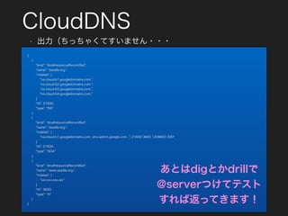 CloudDNS
[
{
"kind": "dns#resourceRecordSet",
"name": "zeadle.org.",
"rrdatas": [
"ns-cloud-b1.googledomains.com.",
"ns-cloud-b2.googledomains.com.",
"ns-cloud-b3.googledomains.com.",
"ns-cloud-b4.googledomains.com."
],
"ttl": 21600,
"type": "NS"
},
{
"kind": "dns#resourceRecordSet",
"name": "zeadle.org.",
"rrdatas": [
"ns-cloud-b1.googledomains.com. dns-admin.google.com. 1 21600 3600 1209600 300"
],
"ttl": 21600,
"type": "SOA"
},
{
"kind": "dns#resourceRecordSet",
"name": "www.zeadle.org.",
"rrdatas": [
xxx.xxx.xxx.xxx
],
"ttl": 3600,
"type": "A"
}
]
• 出力（ちっちゃくてすいません・・・
あとはdigとかdrillで
@serverつけてテスト
すれば返ってきます！
 