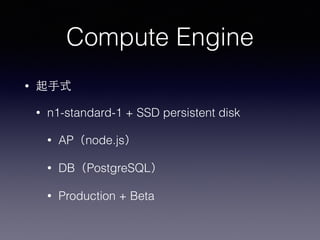 Compute Engine
• 起⼿手式
• n1-standard-1 + SSD persistent disk
• AP（node.js）
• DB（PostgreSQL）
• Production + Beta
 