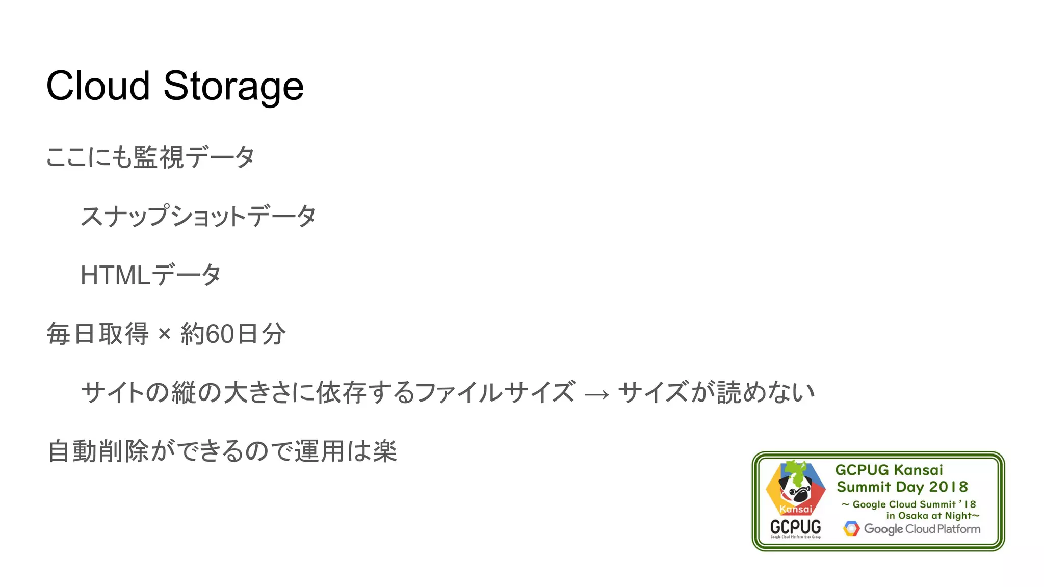 Cloud Storage
ここにも監視データ
　　スナップショットデータ
　　HTMLデータ
毎日取得 × 約60日分
　　サイトの縦の大きさに依存するファイルサイズ → サイズが読めない
自動削除ができるので運用は楽
 