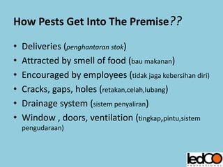 How Pests Get Into The Premise??
• Deliveries (penghantaran stok)
• Attracted by smell of food (bau makanan)
• Encouraged by employees (tidak jaga kebersihan diri)
• Cracks, gaps, holes (retakan,celah,lubang)
• Drainage system (sistem penyaliran)
• Window , doors, ventilation (tingkap,pintu,sistem
pengudaraan)
 