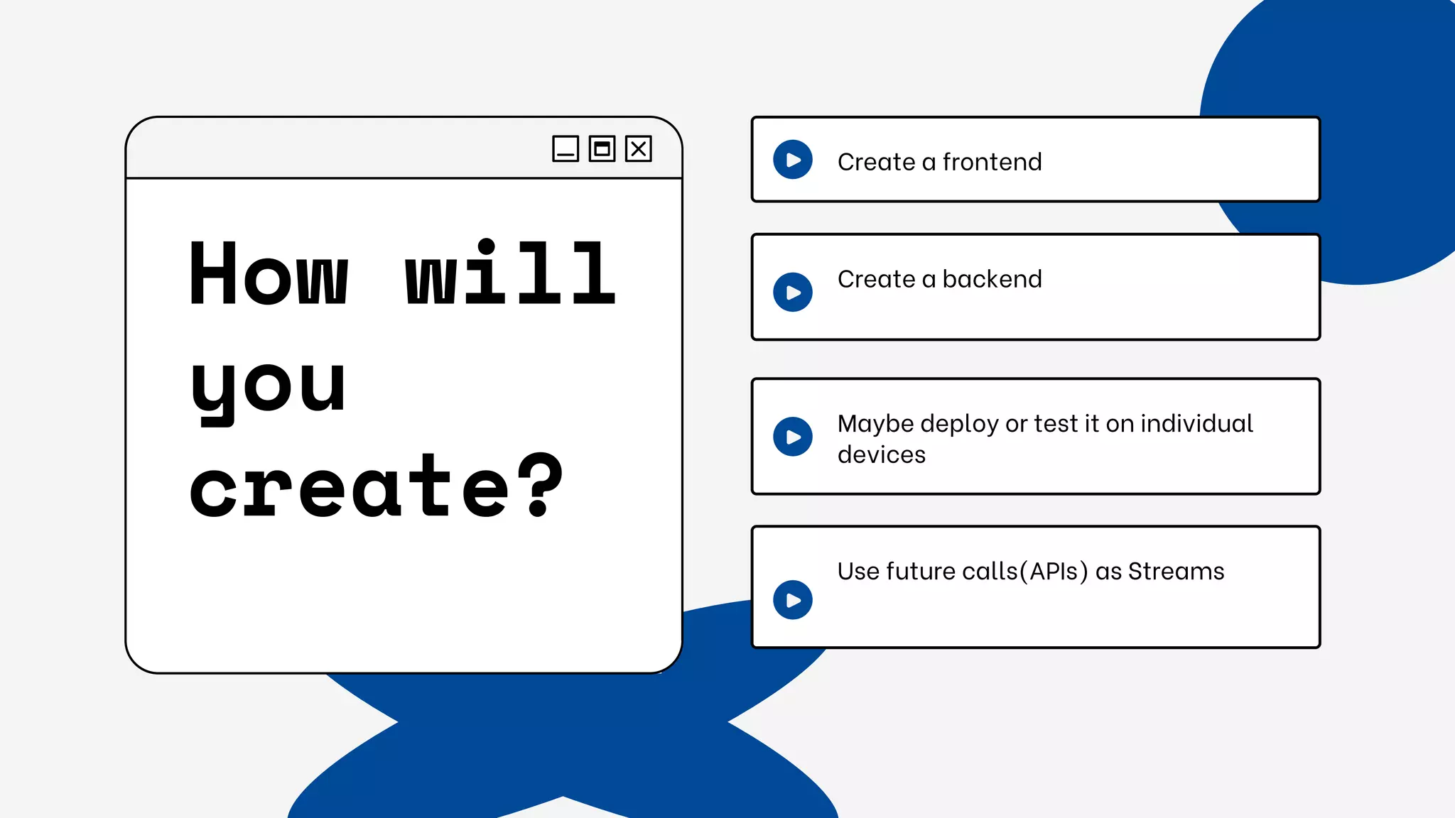 How will
you
create?
Create a frontend
Create a backend
Maybe deploy or test it on individual
devices
Use future calls(APIs) as Streams