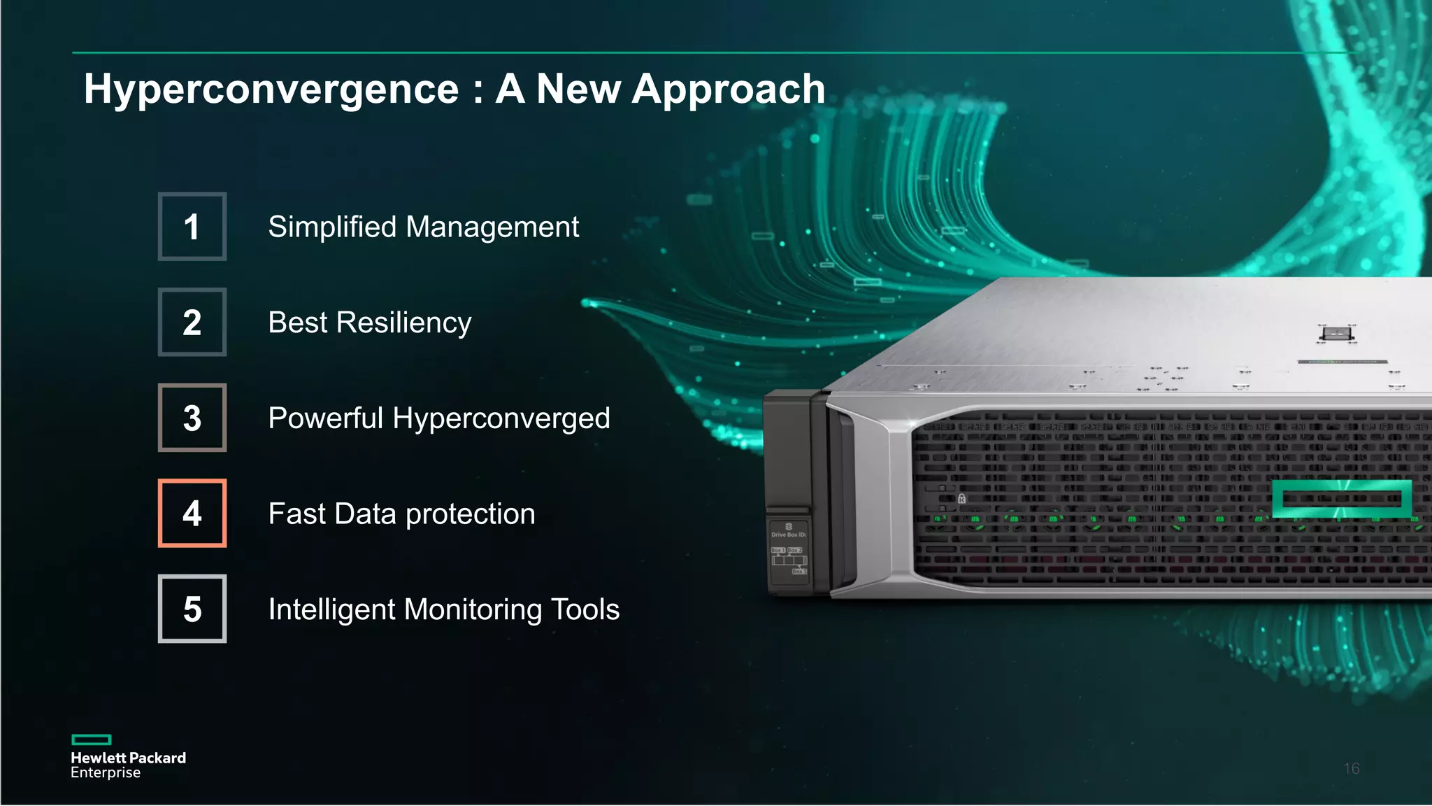 16
Hyperconvergence : A New Approach
16
Best Resiliency2
Powerful Hyperconverged3
Fast Data protection4
Intelligent Monitoring Tools5
Simplified Management1
 