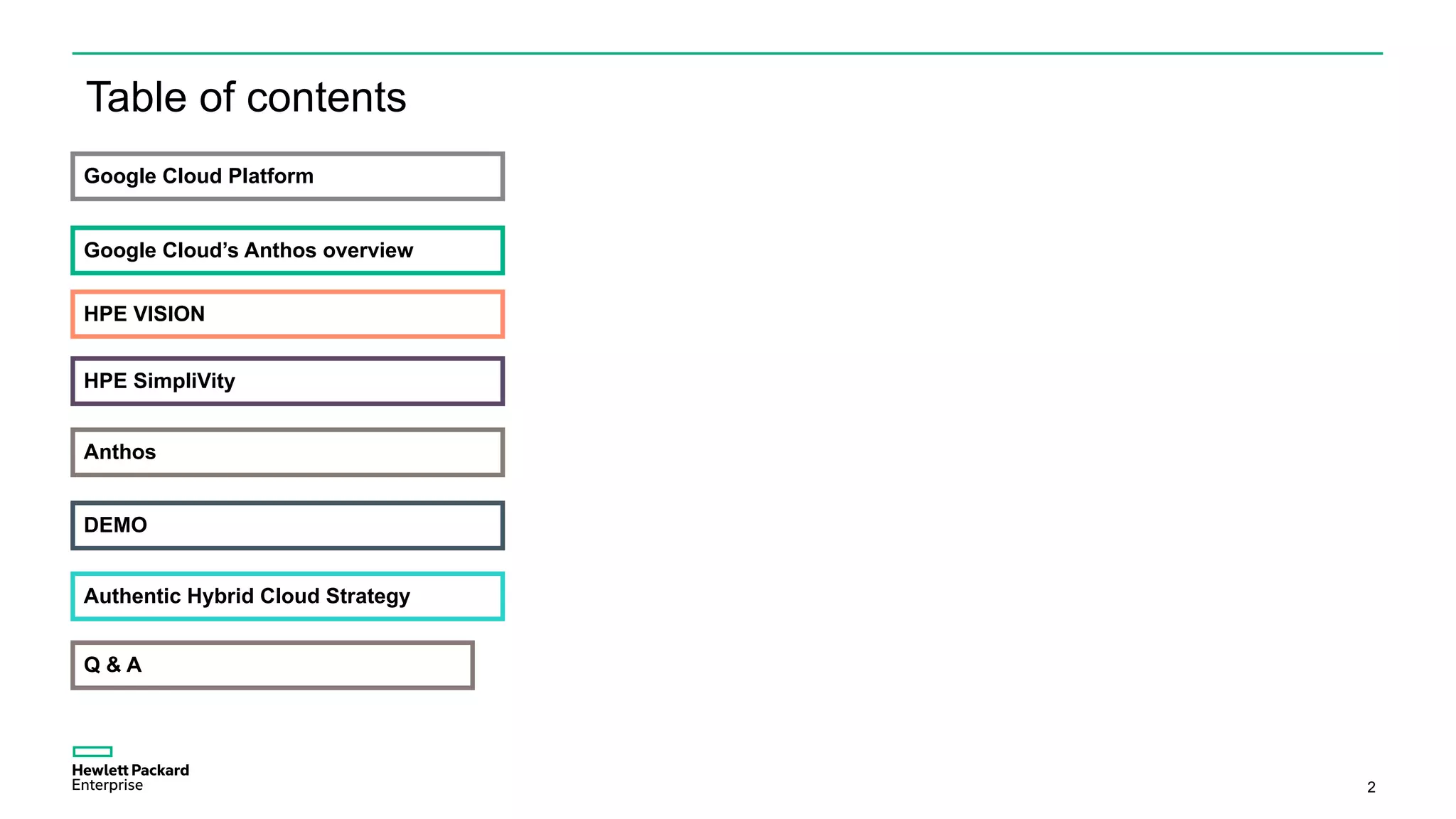 2
Table of contents
Google Cloud Platform
HPE SimpliVity
Anthos
DEMO
HPE VISION
Google Cloud’s Anthos overview
Q & A
Authentic Hybrid Cloud Strategy
 