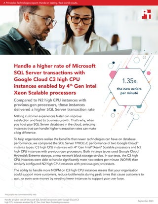 Handle a higher rate of Microsoft
SQL Server transactions with
Google Cloud C3 high CPU
instances enabled by 4th
Gen Intel
Xeon Scalable processors
Compared to N2 high CPU instances with
previous-gen processors, these instances
delivered a higher SQL Server transaction rate
Making customer experiences faster can improve
satisfaction and lead to business growth. That’s why, when
you host your SQL Server databases in the cloud, selecting
instances that can handle higher transaction rates can make
a big difference.
To help organizations realize the benefits that newer technologies can have on database
performance, we compared the SQL Server TPROC-C performance of two Google Cloud™
instance types: C3 high CPU instances with 4th
Gen Intel®
Xeon®
Scalable processors and N2
high CPU instances with previous-gen processors. Both instance types used Google Cloud
Hyperdisk Extreme storage, a new network block storage service. In our tests, the C3 high
CPU instances were able to handle significantly more new orders per minute (NOPM) than
similarly configured N2 high CPU instances with previous-gen processors.
The ability to handle more NOPM on C3 high CPU instances means that your organization
could support more customers, reduce bottlenecks during peak times that cause customers to
wait, or even save money by needing fewer instances to support your user base.
1.35x
the new orders
per minute
This project was commissioned by Intel.
Handle a higher rate of Microsoft SQL Server transactions with Google Cloud C3
high CPU instances enabled by 4th
Gen Intel Xeon Scalable processors
September 2023
A Principled Technologies report: Hands-on testing. Real-world results.
 
