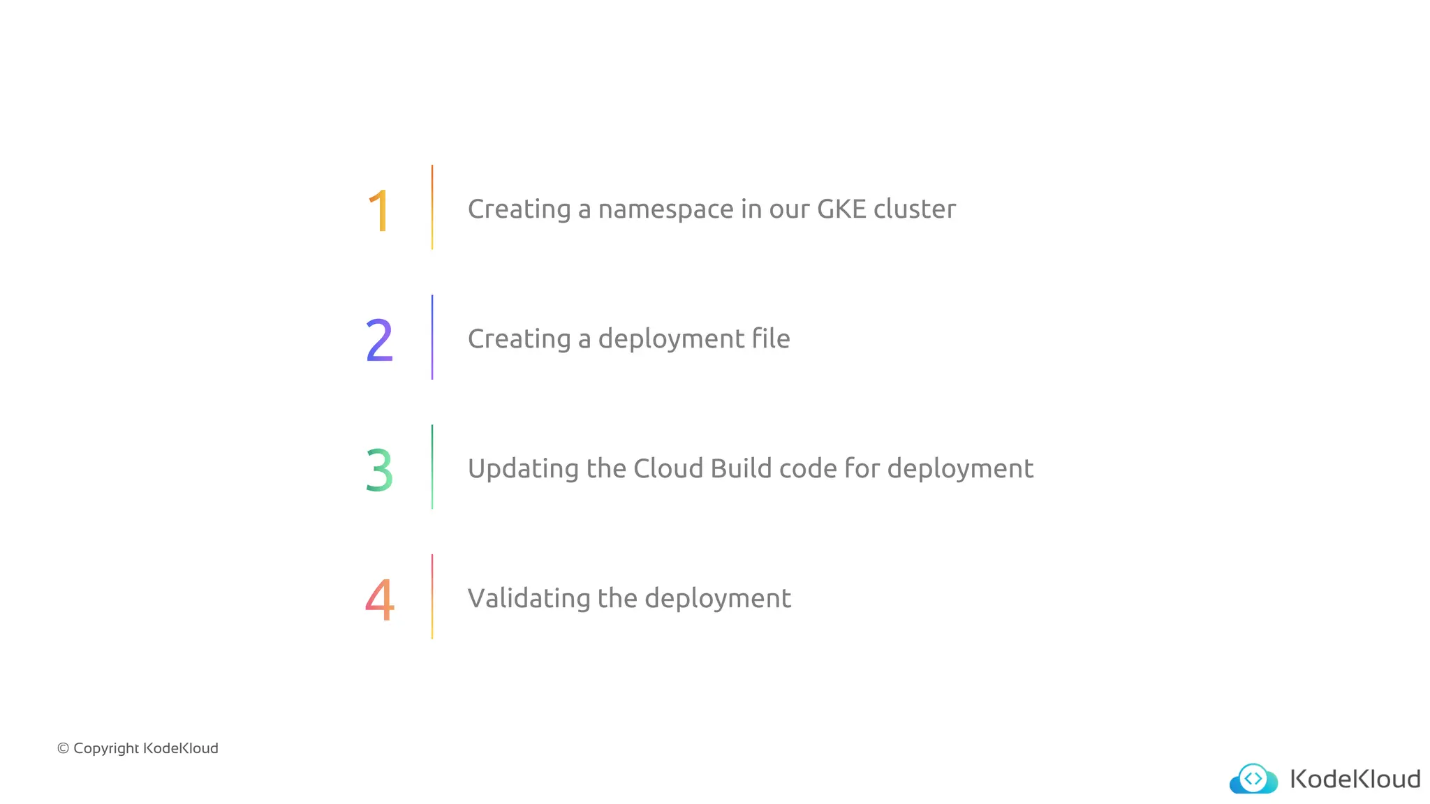 © Copyright KodeKloud
Creating a namespace in our GKE cluster
Creating a deployment file
Updating the Cloud Build code for deployment
Validating the deployment
 