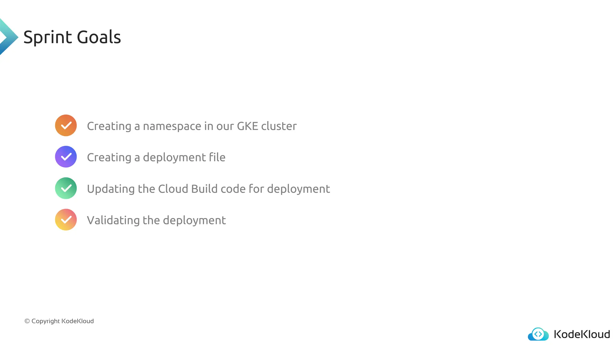 © Copyright KodeKloud
Sprint Goals
Creating a namespace in our GKE cluster
Creating a deployment file
Updating the Cloud Build code for deployment
Validating the deployment
 